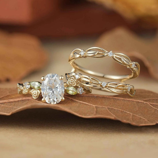 Floral Design Moissanite & Peridot Ring Set - Alba - GemsMagic