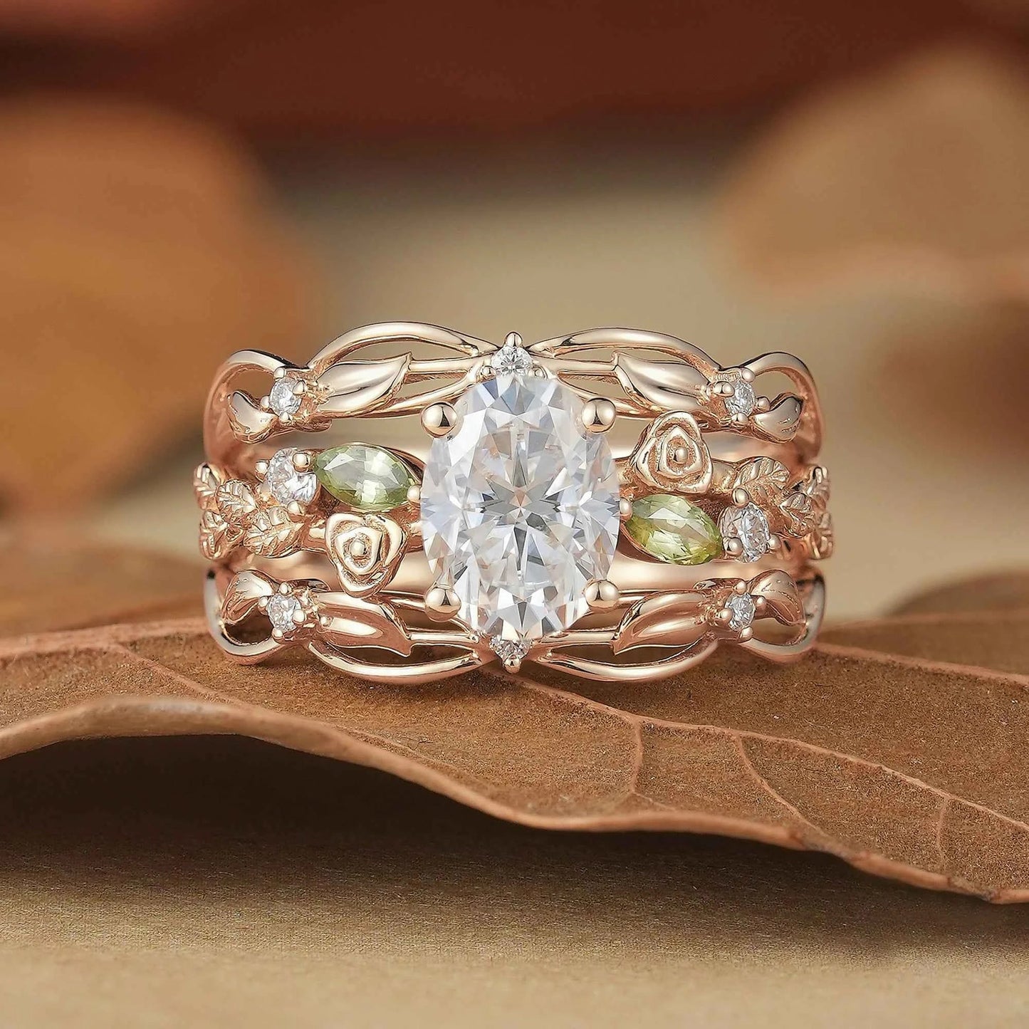 Floral Design Moissanite & Peridot Ring Set - Alba - GemsMagic