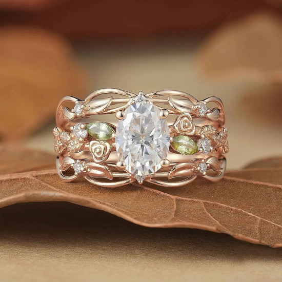 Floral Design Moissanite & Peridot Ring Set - Alba - GemsMagic