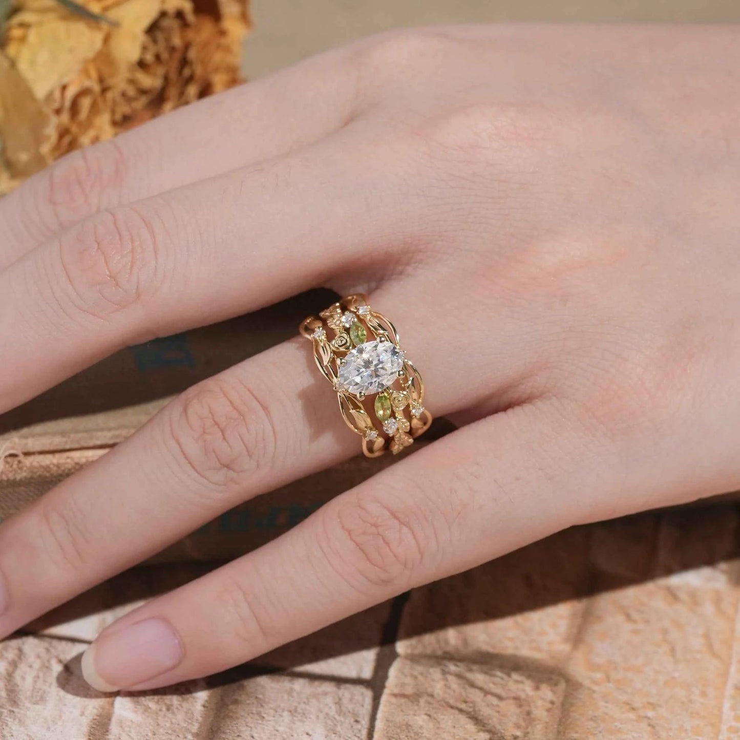 Floral Design Moissanite & Peridot Ring Set - Alba - GemsMagic