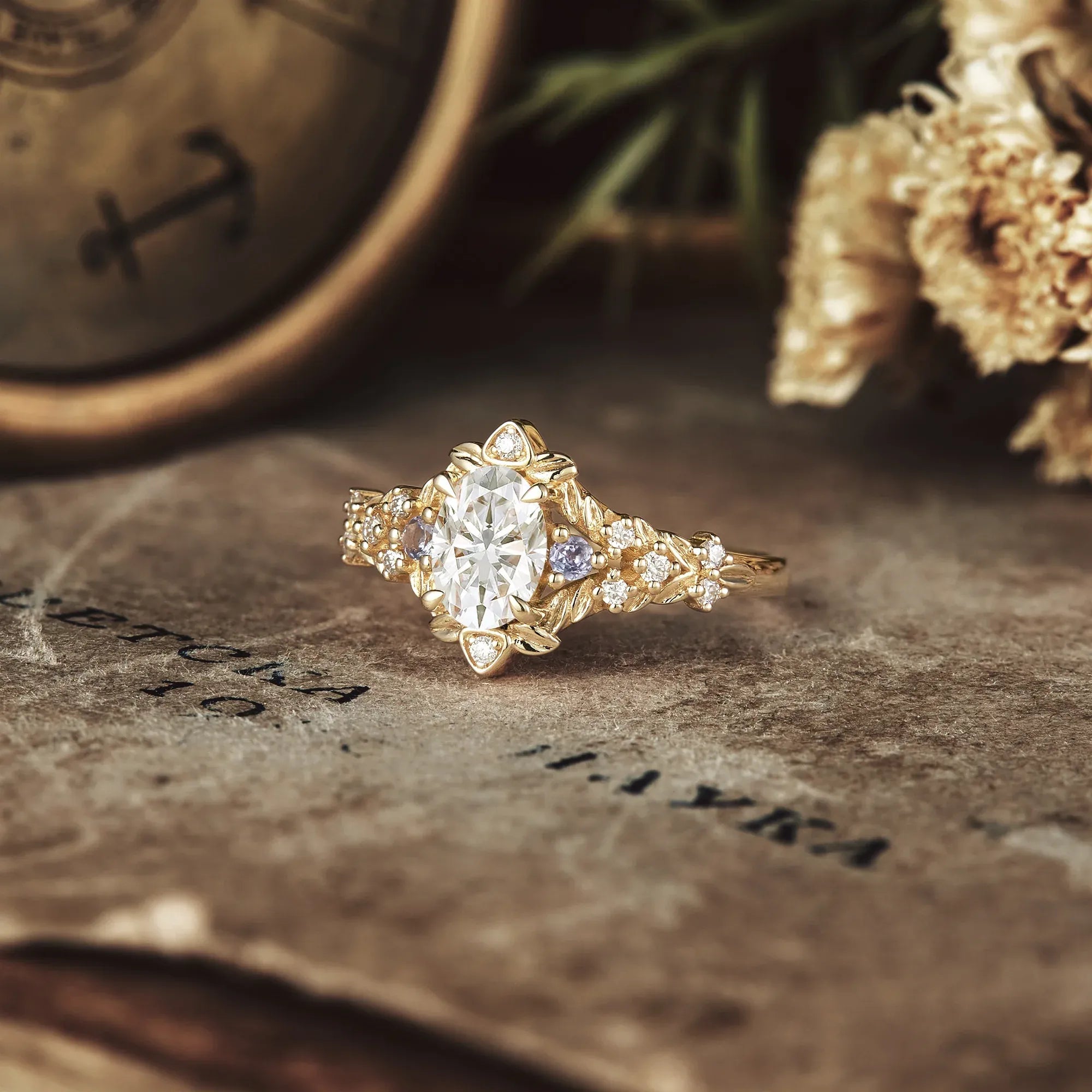 Floral - Inspired Moissanite and Sapphire Ring - Isolde - GemsMagic