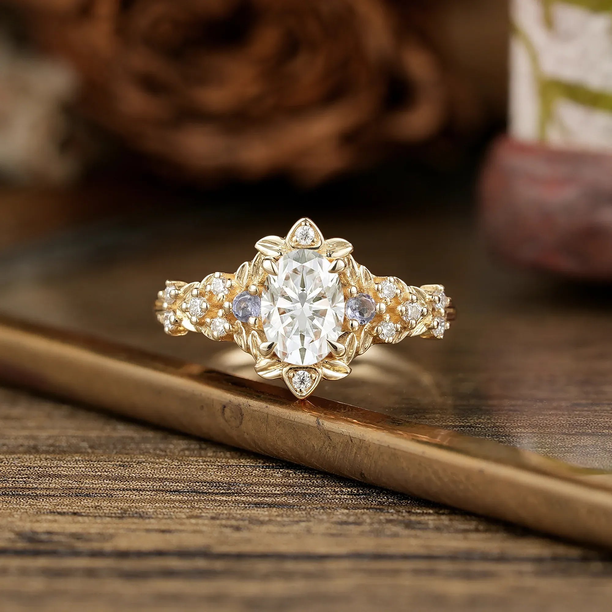 Floral - Inspired Moissanite and Sapphire Ring - Isolde - GemsMagic