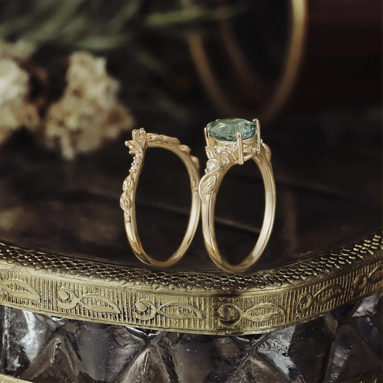 Forest Canopy: Green Sapphire Leaf Ring Set - Nadia - GemsMagic