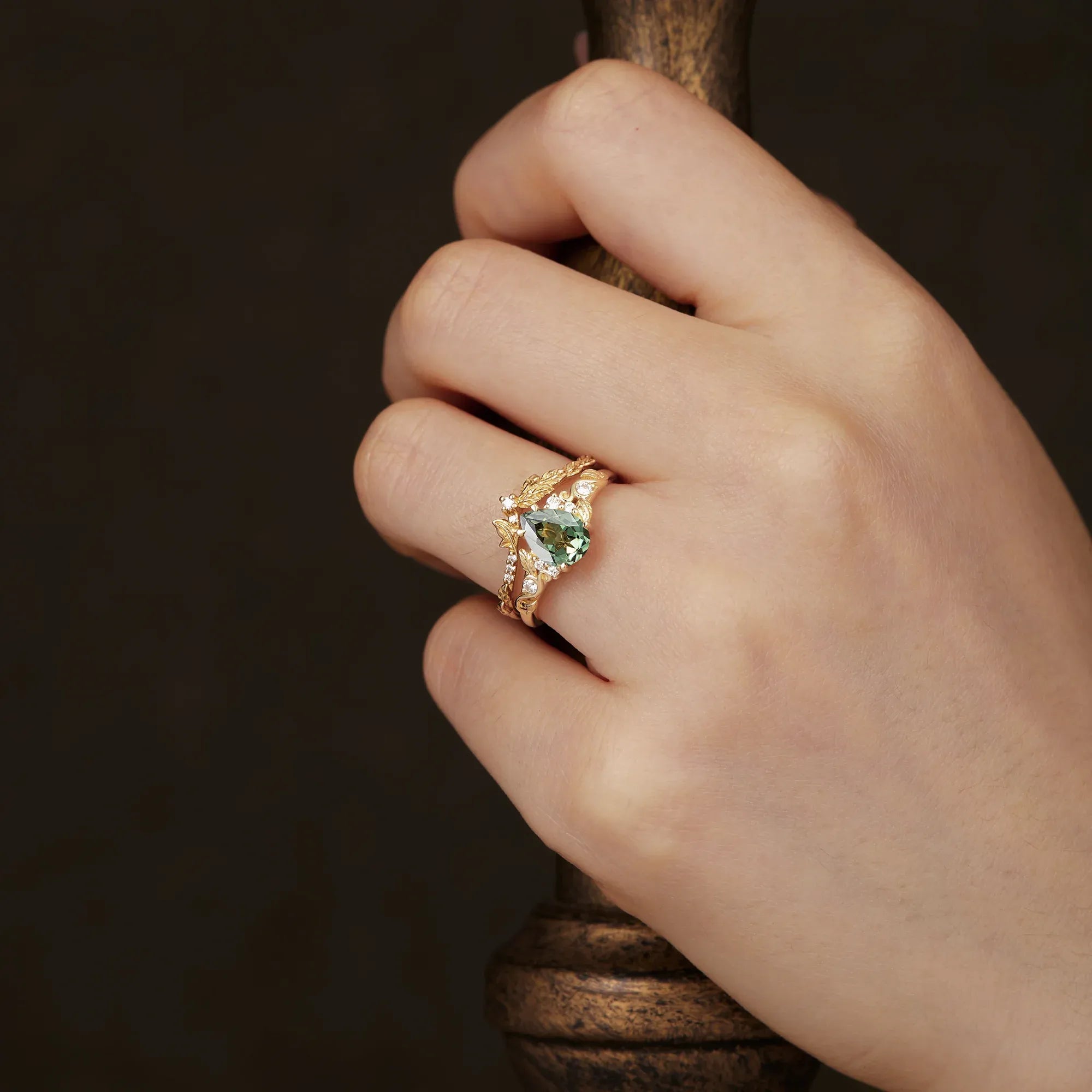 Forest Canopy: Green Sapphire Leaf Ring Set - Nadia - GemsMagic