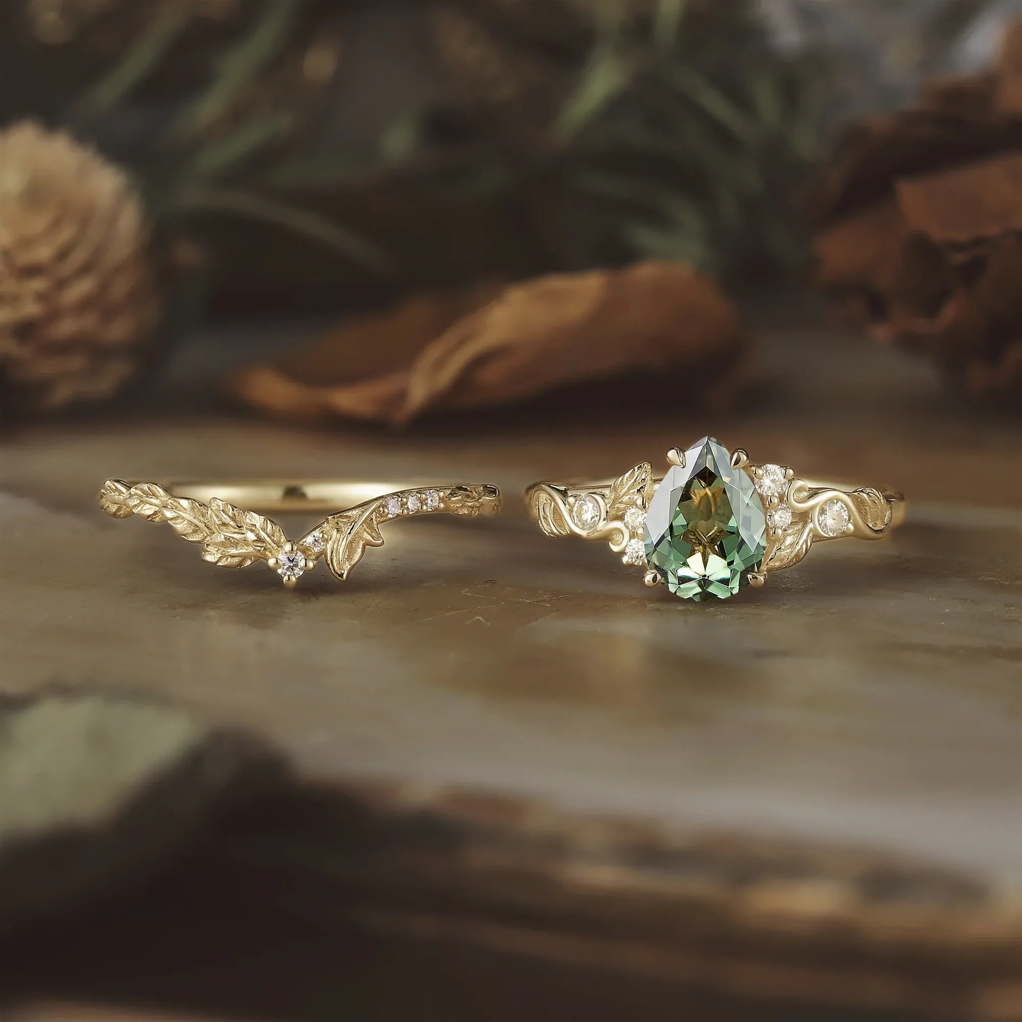 Forest Canopy: Green Sapphire Leaf Ring Set - Nadia - GemsMagic