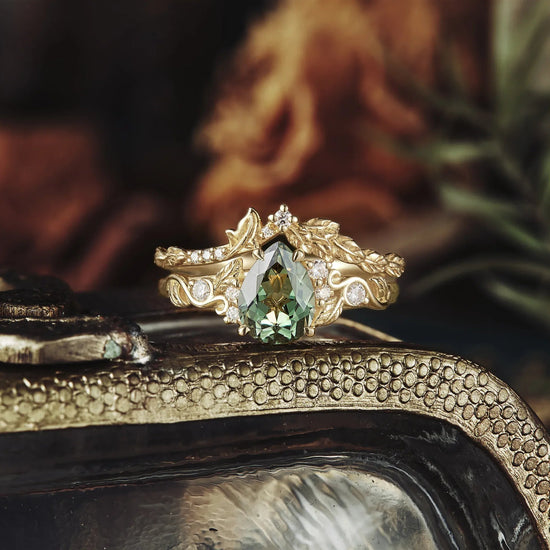 Forest Canopy: Green Sapphire Leaf Ring Set - Nadia - GemsMagic