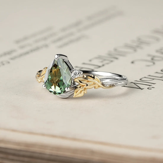 Forest Whispers: Leaf and Wood Pattern Green Sapphire Ring - GemsMagic