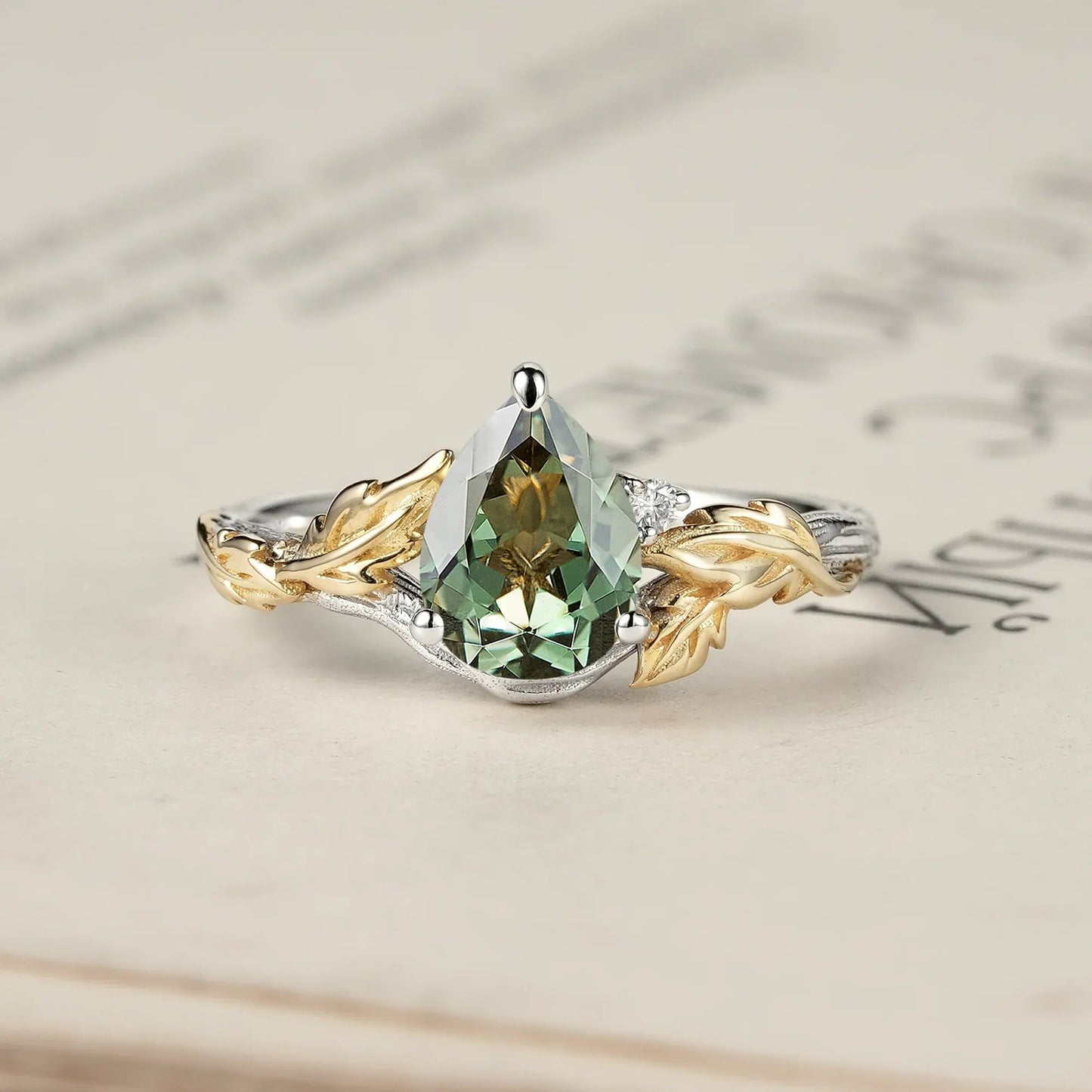 Forest Whispers: Leaf and Wood Pattern Green Sapphire Ring - GemsMagic