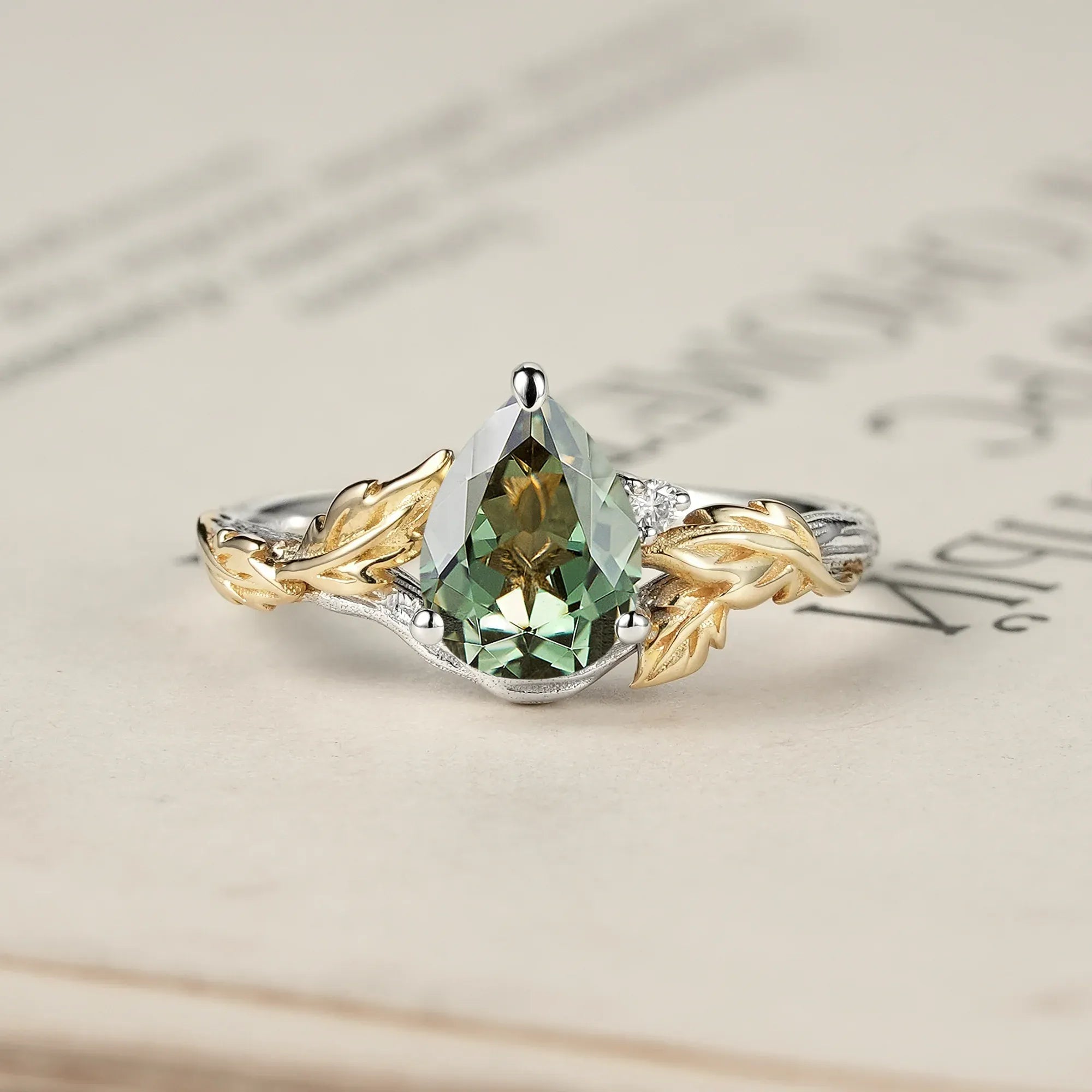 Forest Whispers: Leaf and Wood Pattern Green Sapphire Ring - GemsMagic