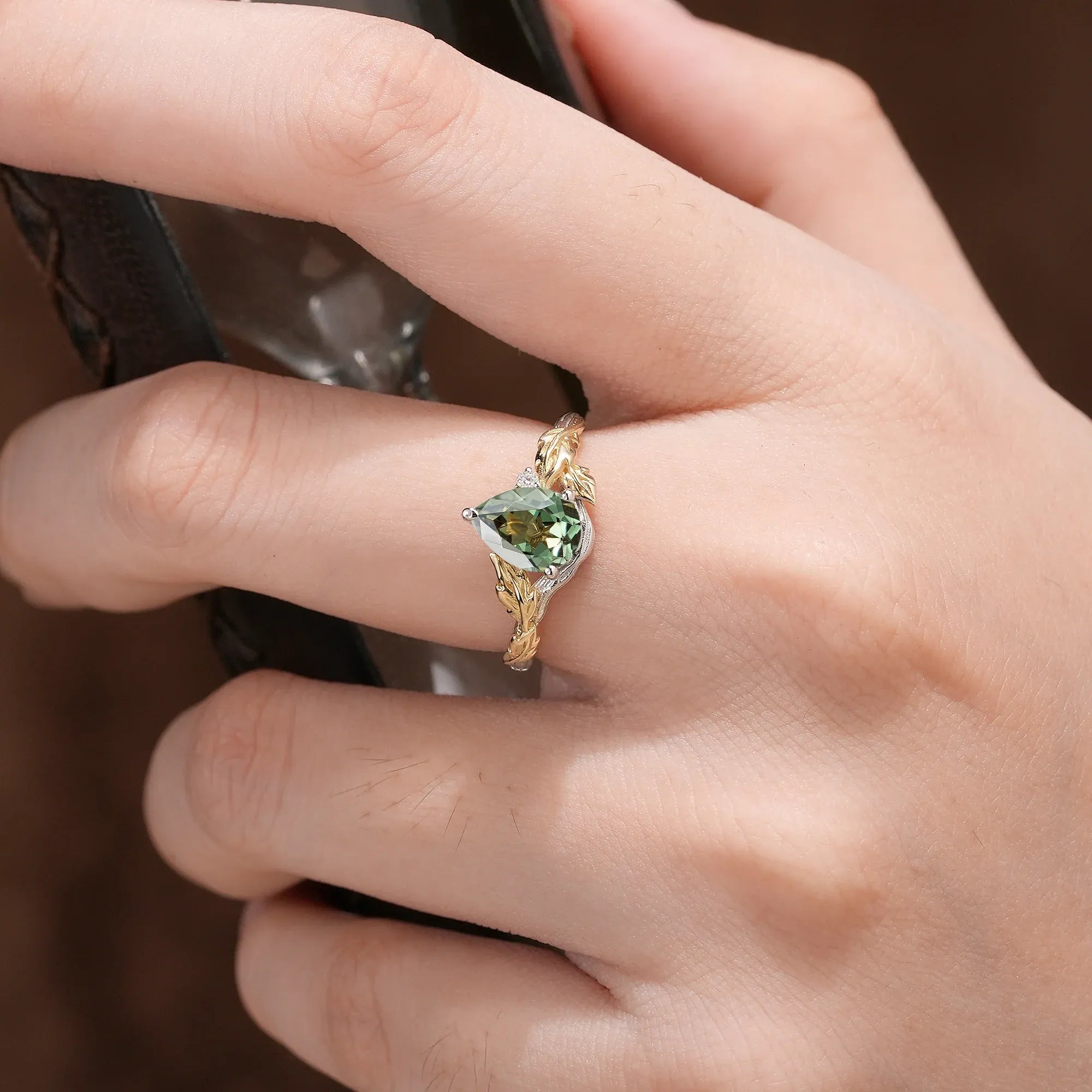 Forest Whispers: Leaf and Wood Pattern Green Sapphire Ring - GemsMagic