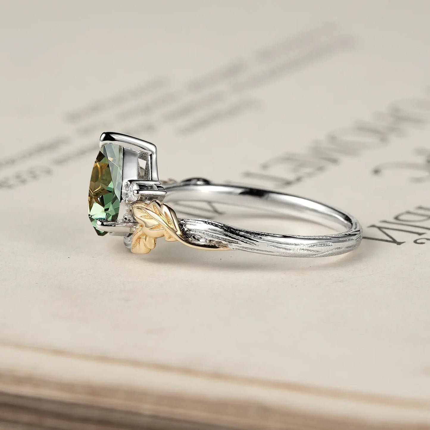 Forest Whispers: Leaf and Wood Pattern Green Sapphire Ring - GemsMagic