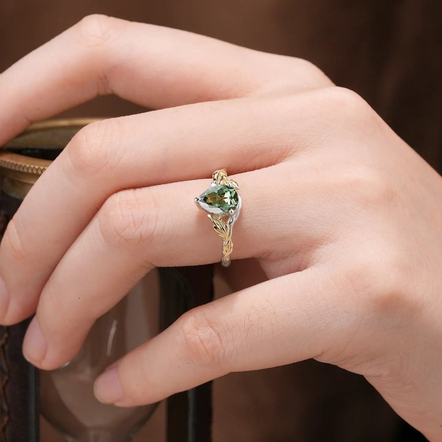 Forest Whispers: Leaf and Wood Pattern Green Sapphire Ring - GemsMagic
