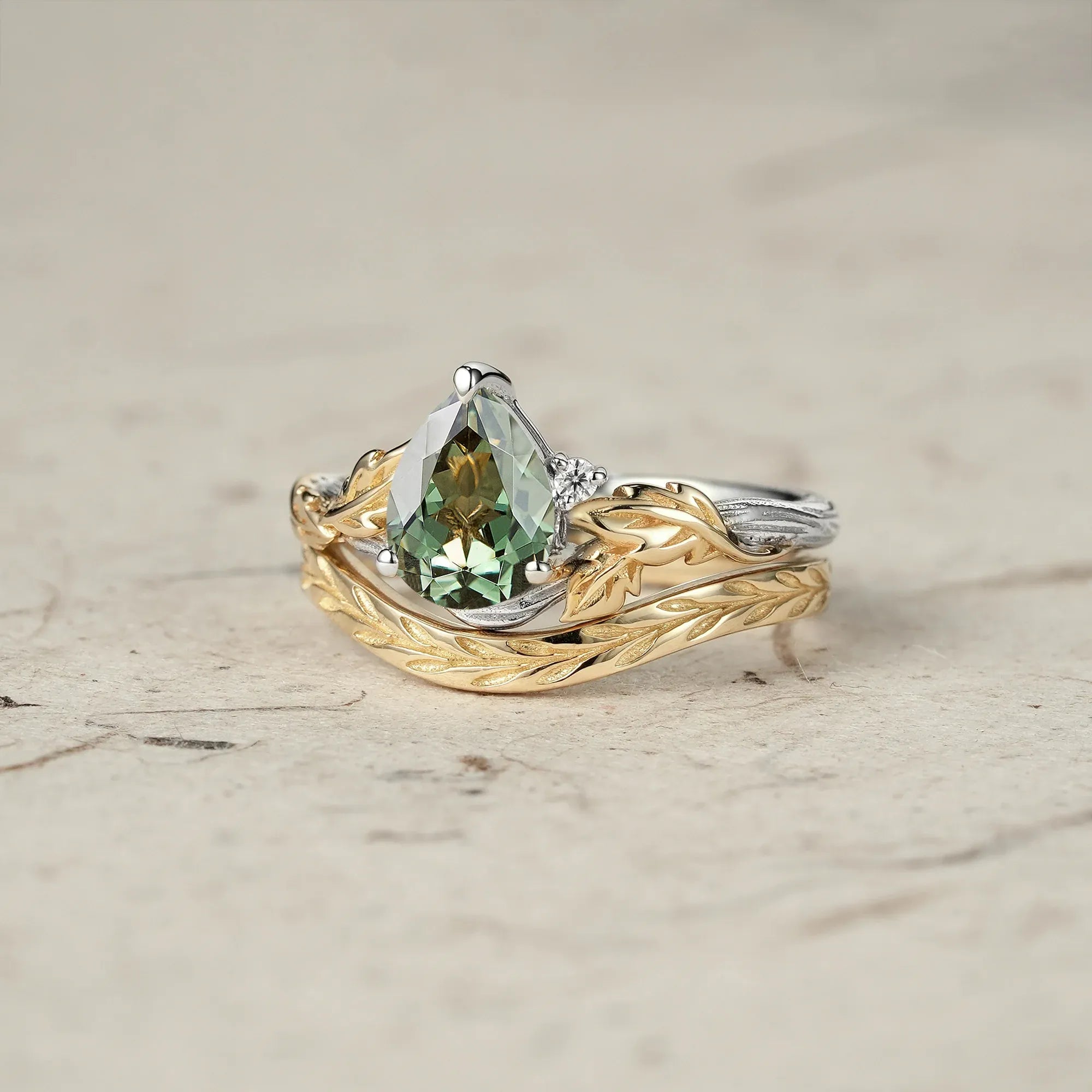 Forest Whispers: Leaf and Wood Pattern Green Sapphire Ring Set - GemsMagic