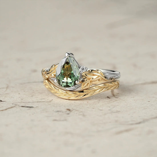 Forest Whispers: Leaf and Wood Pattern Green Sapphire Ring Set - GemsMagic
