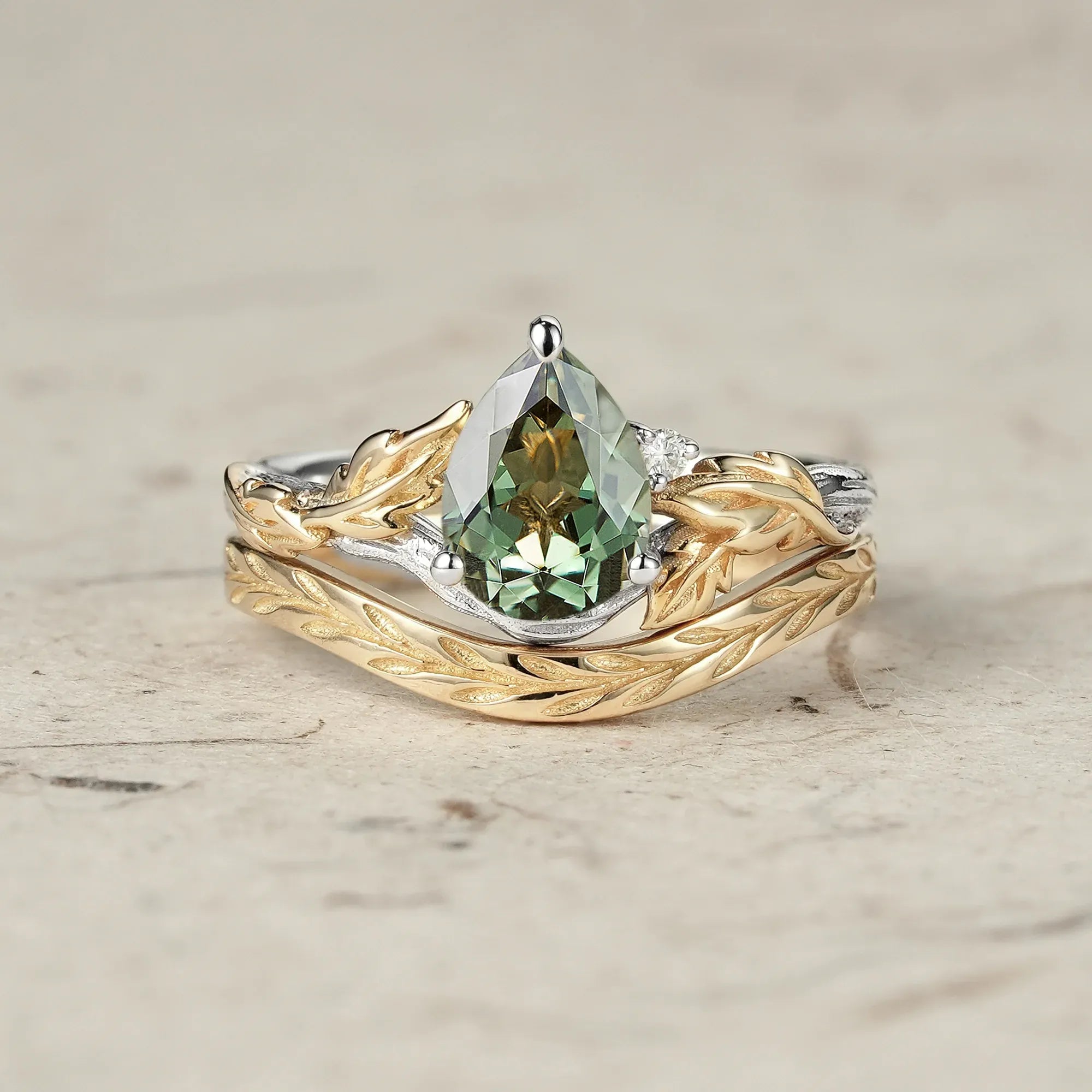 Forest Whispers: Leaf and Wood Pattern Green Sapphire Ring Set - GemsMagic