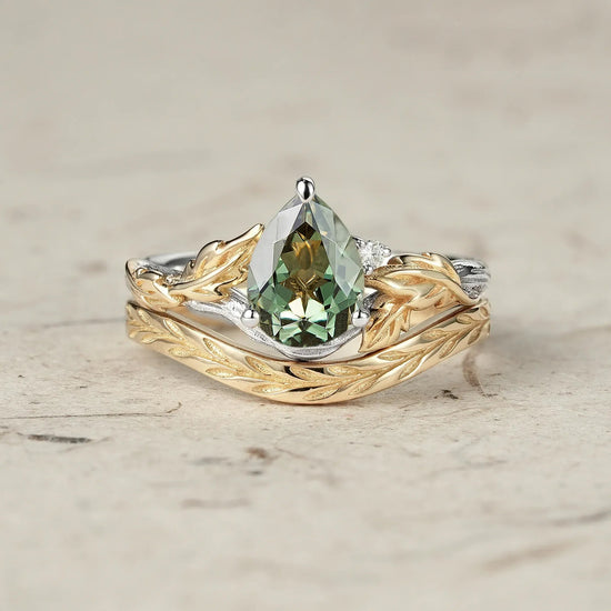 Forest Whispers: Leaf and Wood Pattern Green Sapphire Ring Set - GemsMagic
