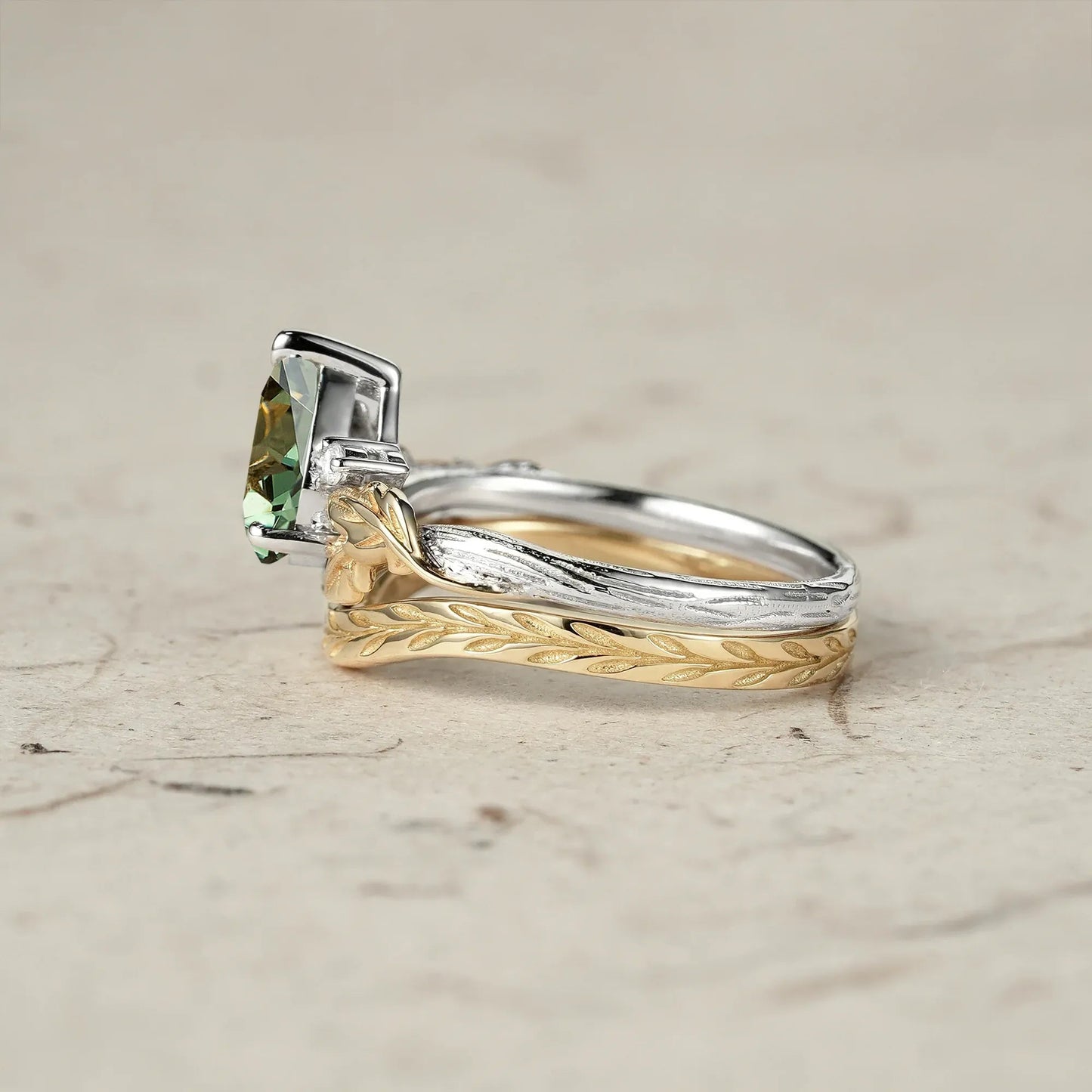 Forest Whispers: Leaf and Wood Pattern Green Sapphire Ring Set - GemsMagic