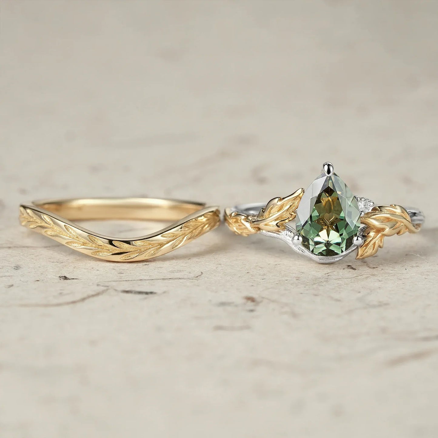 Forest Whispers: Leaf and Wood Pattern Green Sapphire Ring Set - GemsMagic