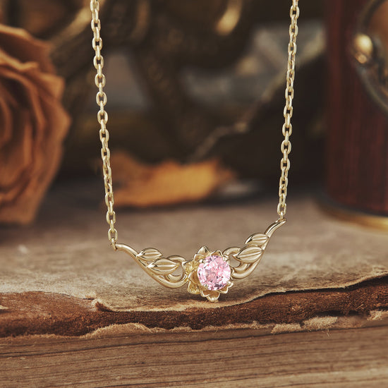 Golden Bloom: Pink Sapphire Floral Leaf Necklace - Ophelia - GemsMagic
