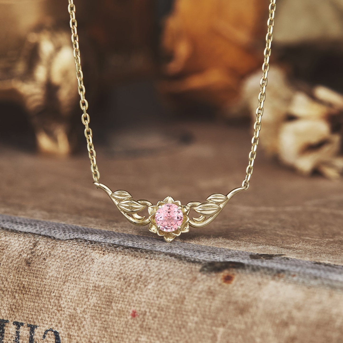 Golden Bloom: Pink Sapphire Floral Leaf Necklace - Ophelia - GemsMagic
