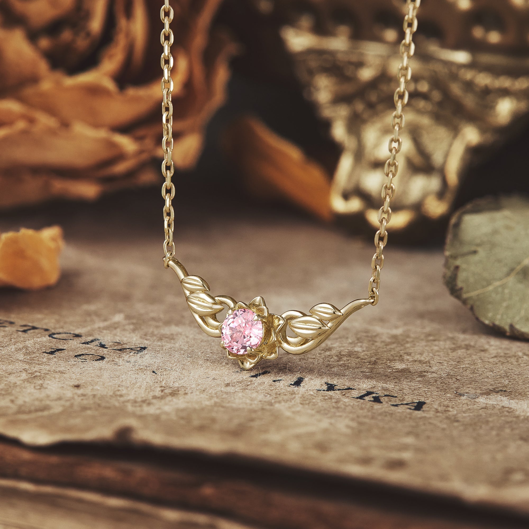Golden Bloom: Pink Sapphire Floral Leaf Necklace - Ophelia - GemsMagic