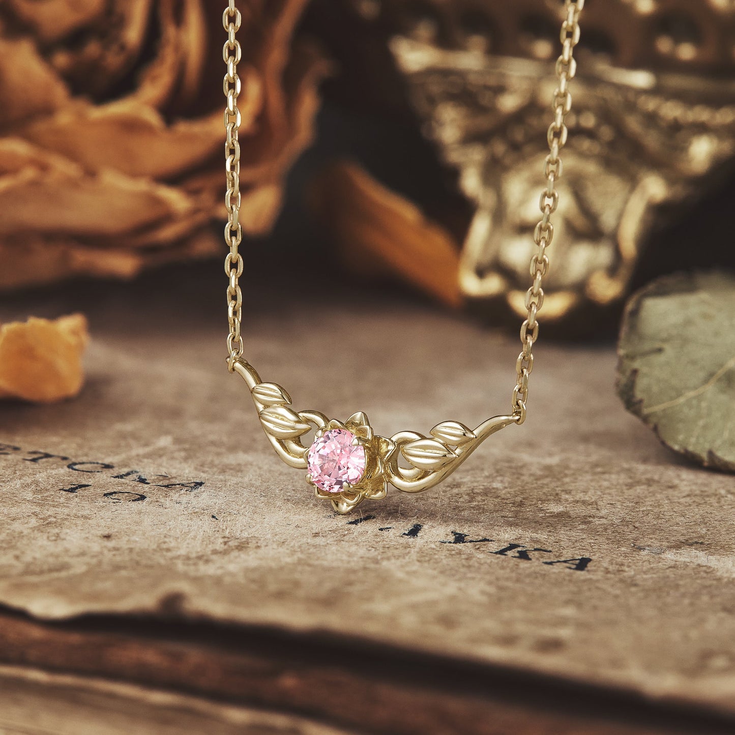 Golden Bloom: Pink Sapphire Floral Leaf Necklace - Ophelia - GemsMagic