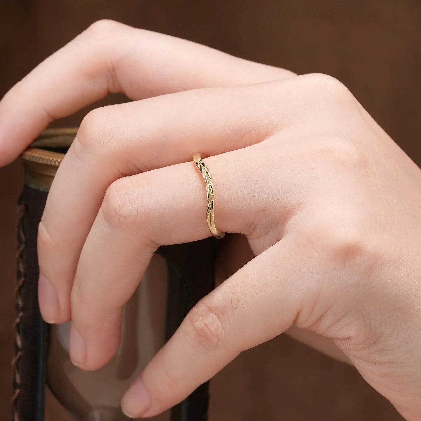 Golden Elegance: Embossed Leaf Motif Ring | Eleanor - GemsMagic