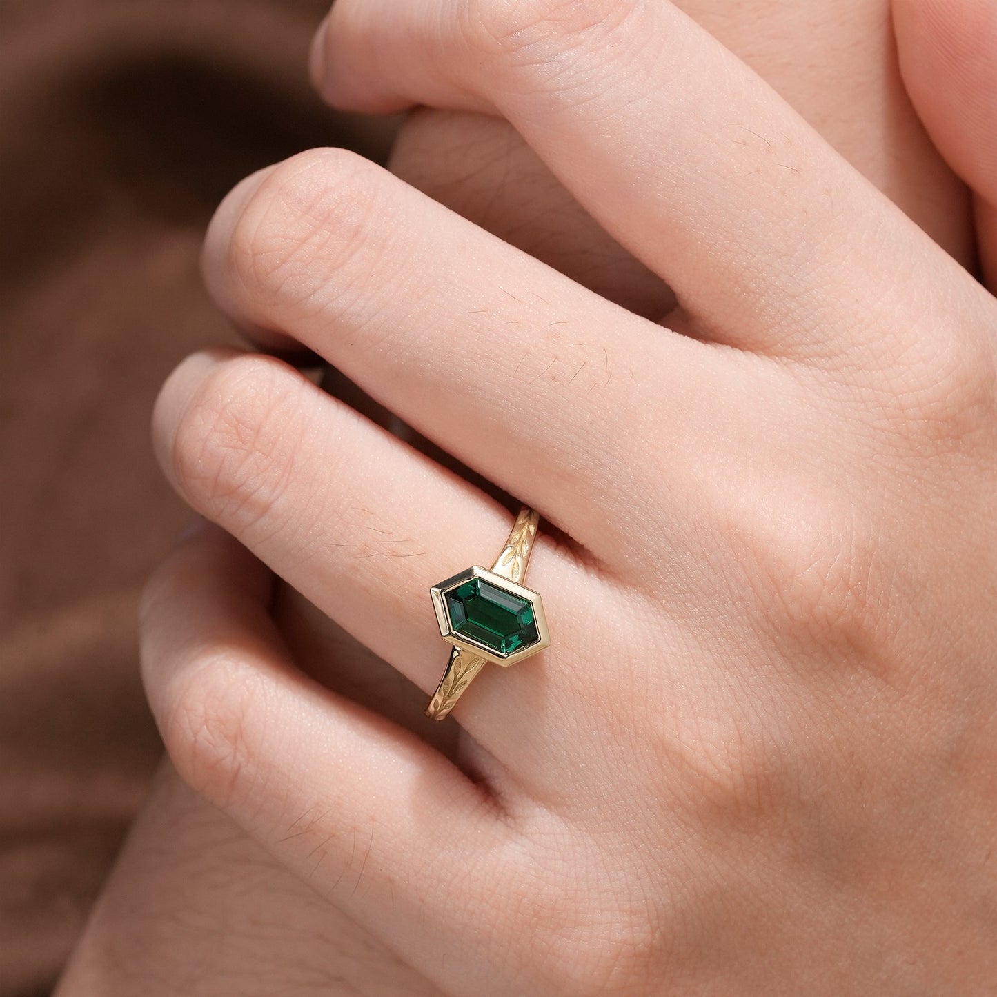 Golden Elegance: Hexagon Emerald Leaf Ring | Aria - GemsMagic