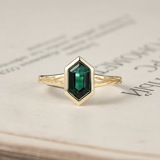 Golden Elegance: Hexagon Emerald Leaf Ring | Aria - GemsMagic