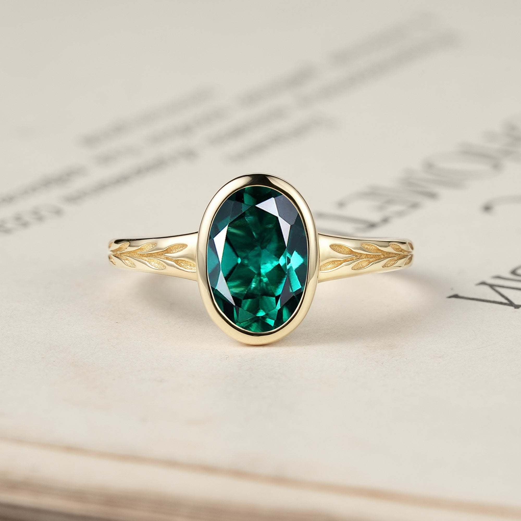 Golden Elegance: Oval Emerald Leaf Ring | Celia (925 Silver) - GemsMagic