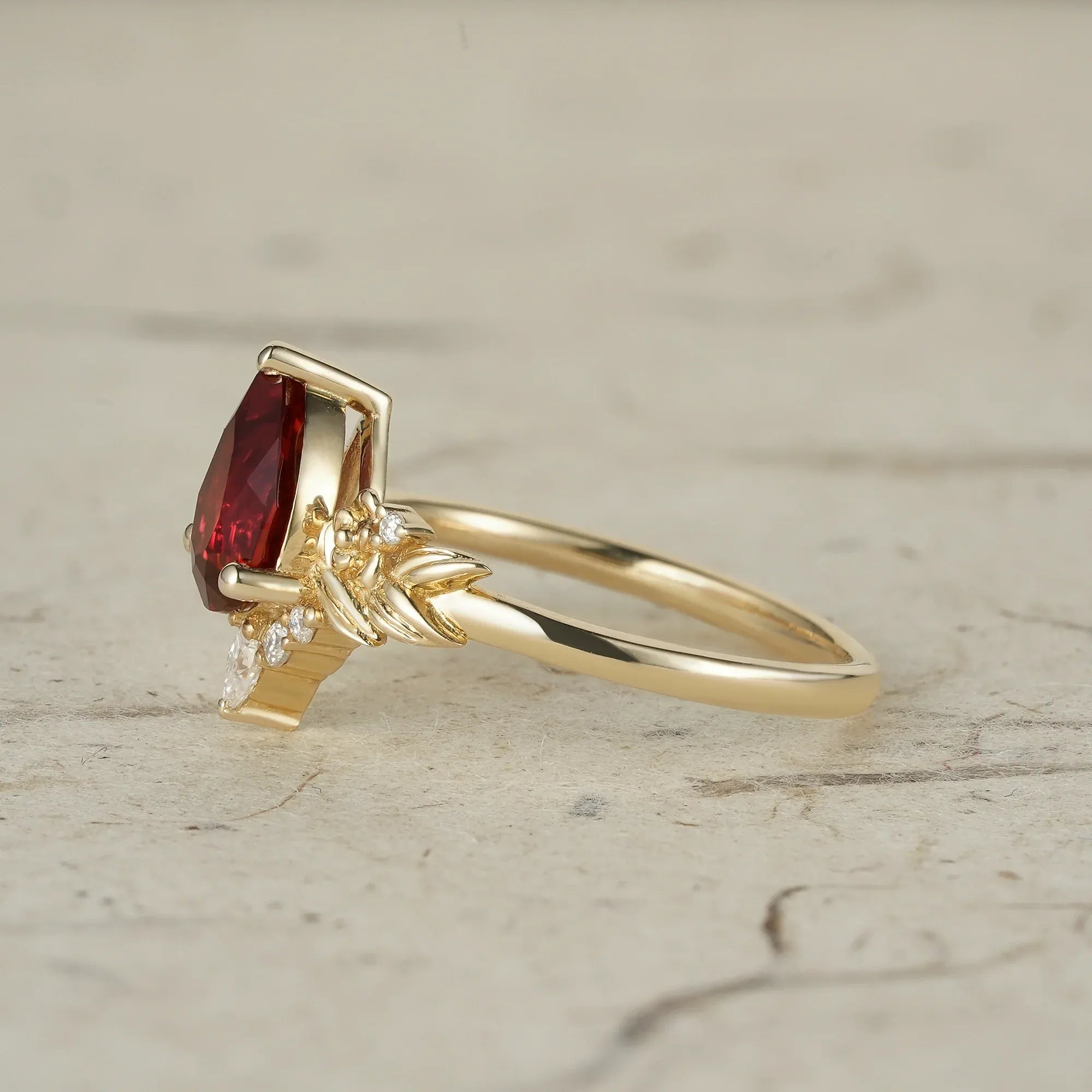 Golden Rose Elegance: Leaf - Inspired Ruby Ring - Aurelia - GemsMagic