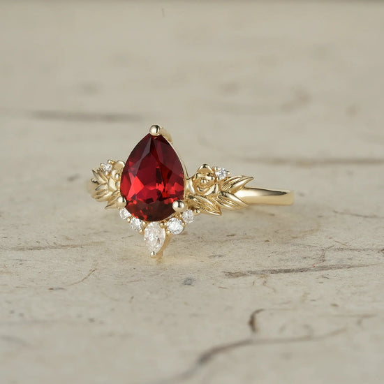 Golden Rose Elegance: Leaf - Inspired Ruby Ring - Aurelia - GemsMagic