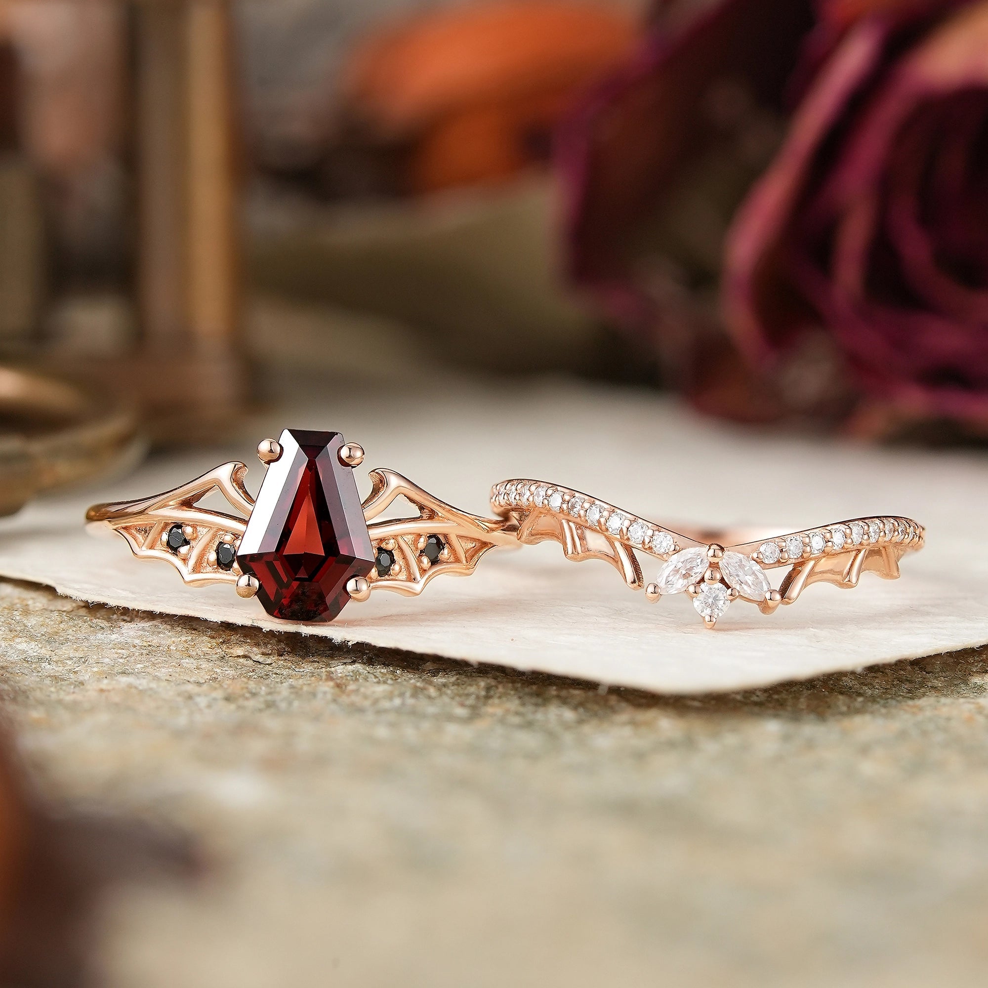 Gothic Coffin Cut Garnet And Black Onyx Bat Wing Inspired Bridal Ring Set - Morwenna - GemsMagic