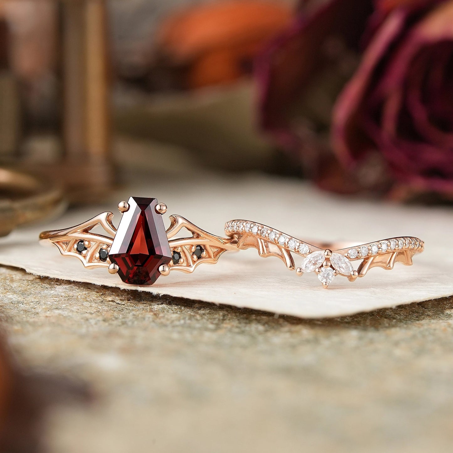 Gothic Coffin Cut Garnet And Black Onyx Bat Wing Inspired Bridal Ring Set - Morwenna - GemsMagic