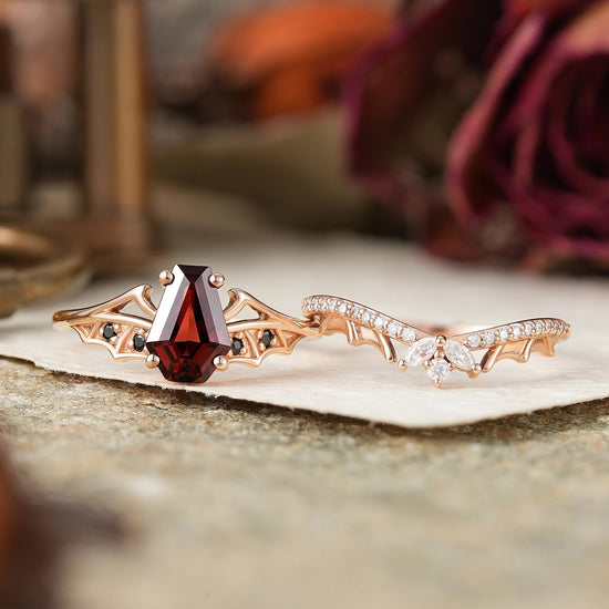 Gothic Coffin Cut Garnet And Black Onyx Bat Wing Inspired Bridal Ring Set - Morwenna - GemsMagic
