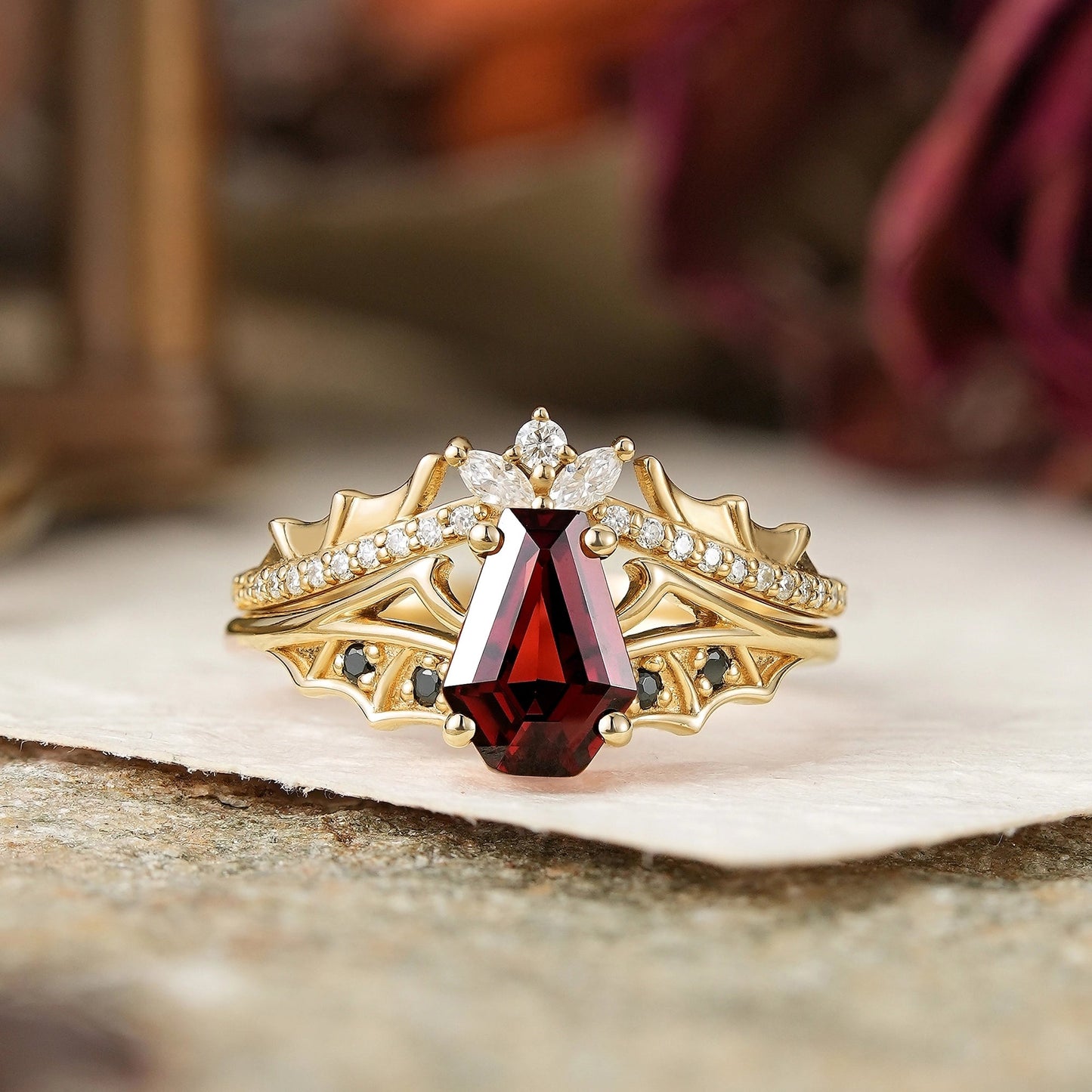 Gothic Coffin Cut Garnet And Black Onyx Bat Wing Inspired Bridal Ring Set - Morwenna - GemsMagic