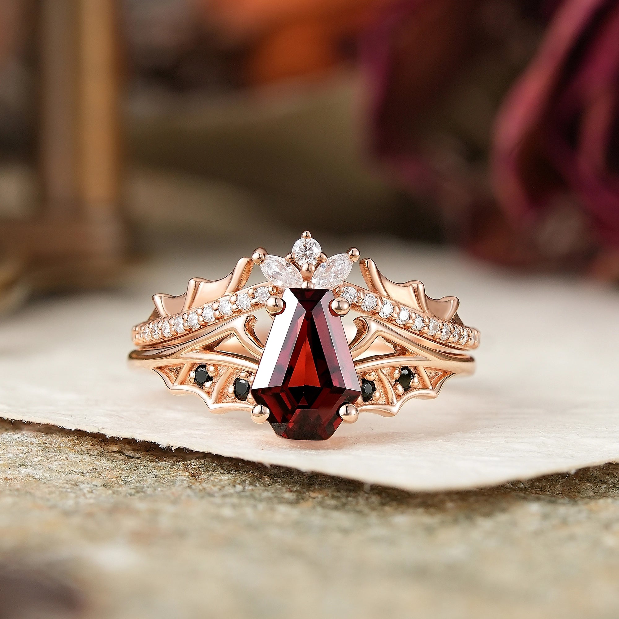 Gothic Coffin Cut Garnet And Black Onyx Bat Wing Inspired Bridal Ring Set - Morwenna - GemsMagic