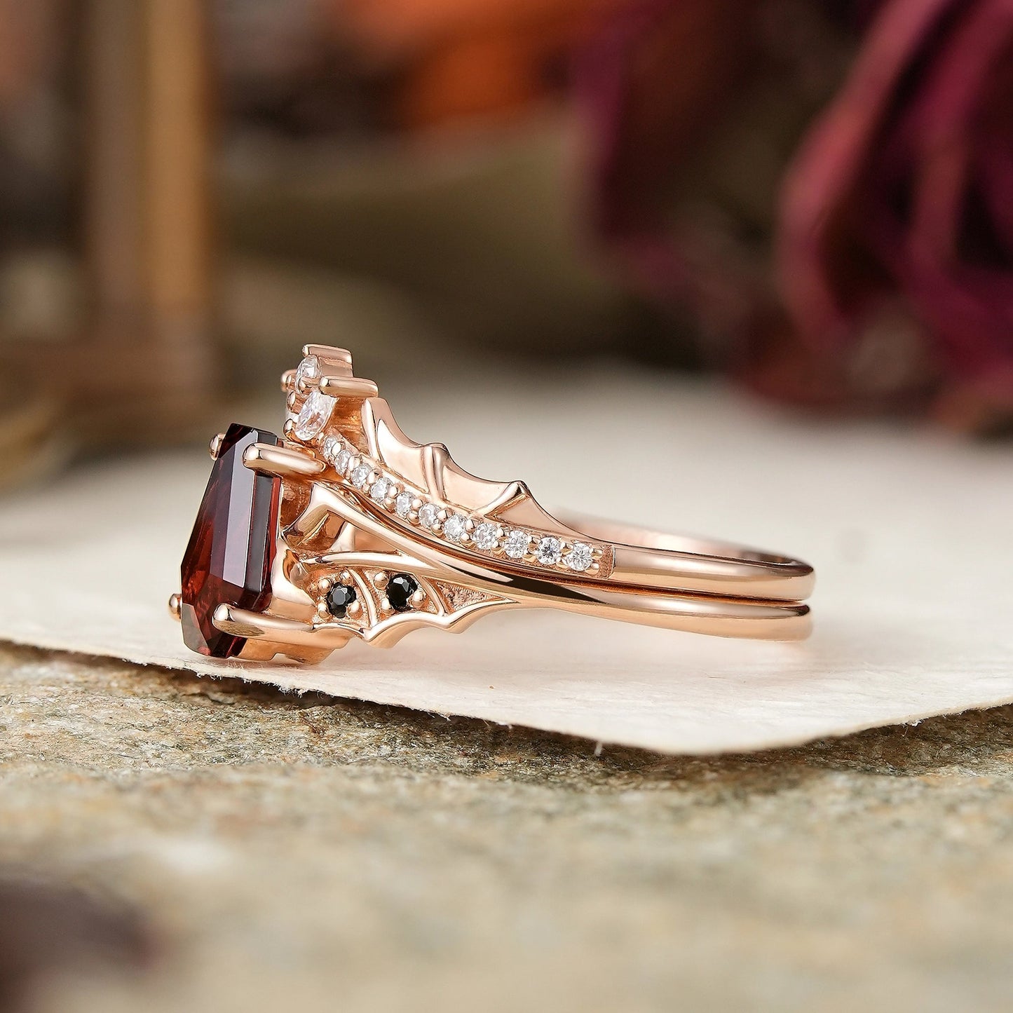 Gothic Coffin Cut Garnet And Black Onyx Bat Wing Inspired Bridal Ring Set - Morwenna - GemsMagic