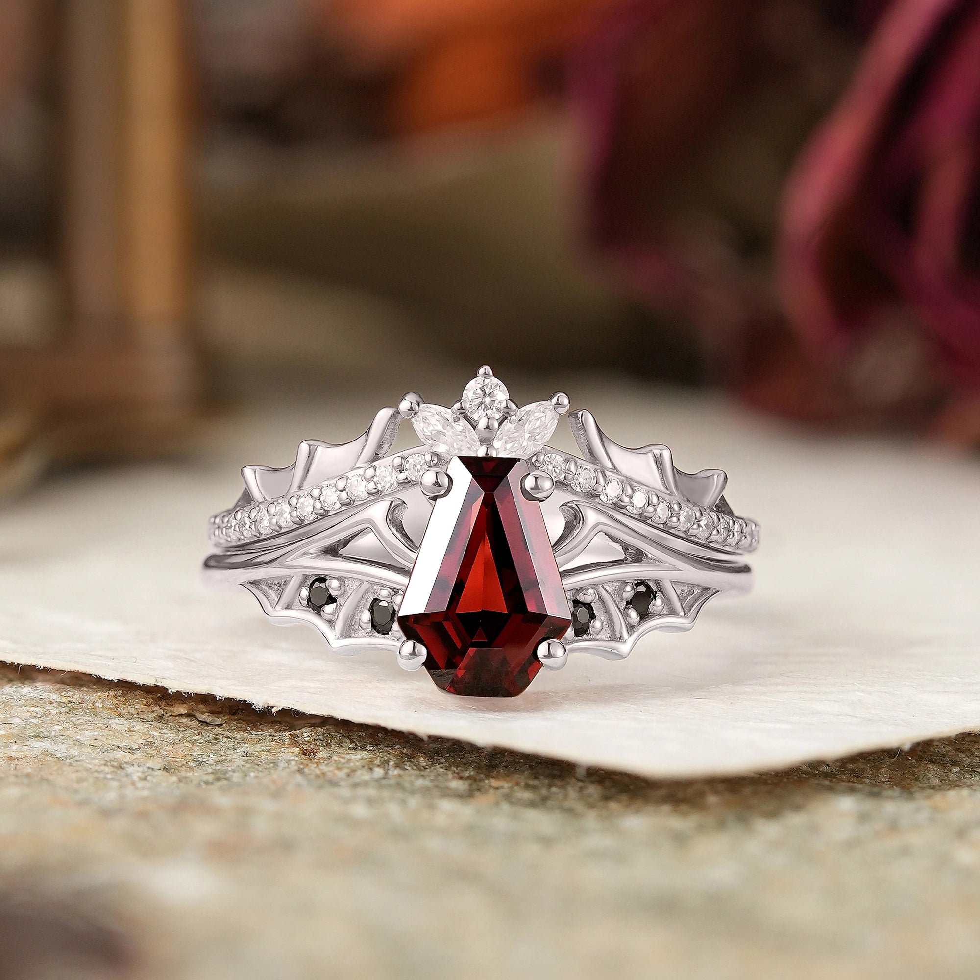Gothic Coffin Cut Garnet And Black Onyx Bat Wing Inspired Bridal Ring Set - Morwenna - GemsMagic
