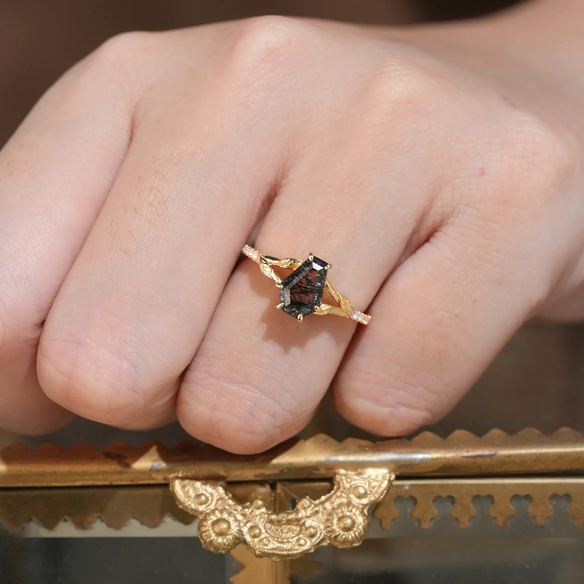 Gothic Leaf Ring: Coffin - Cut Black Rutilated Quartz - Thalassa - GemsMagic