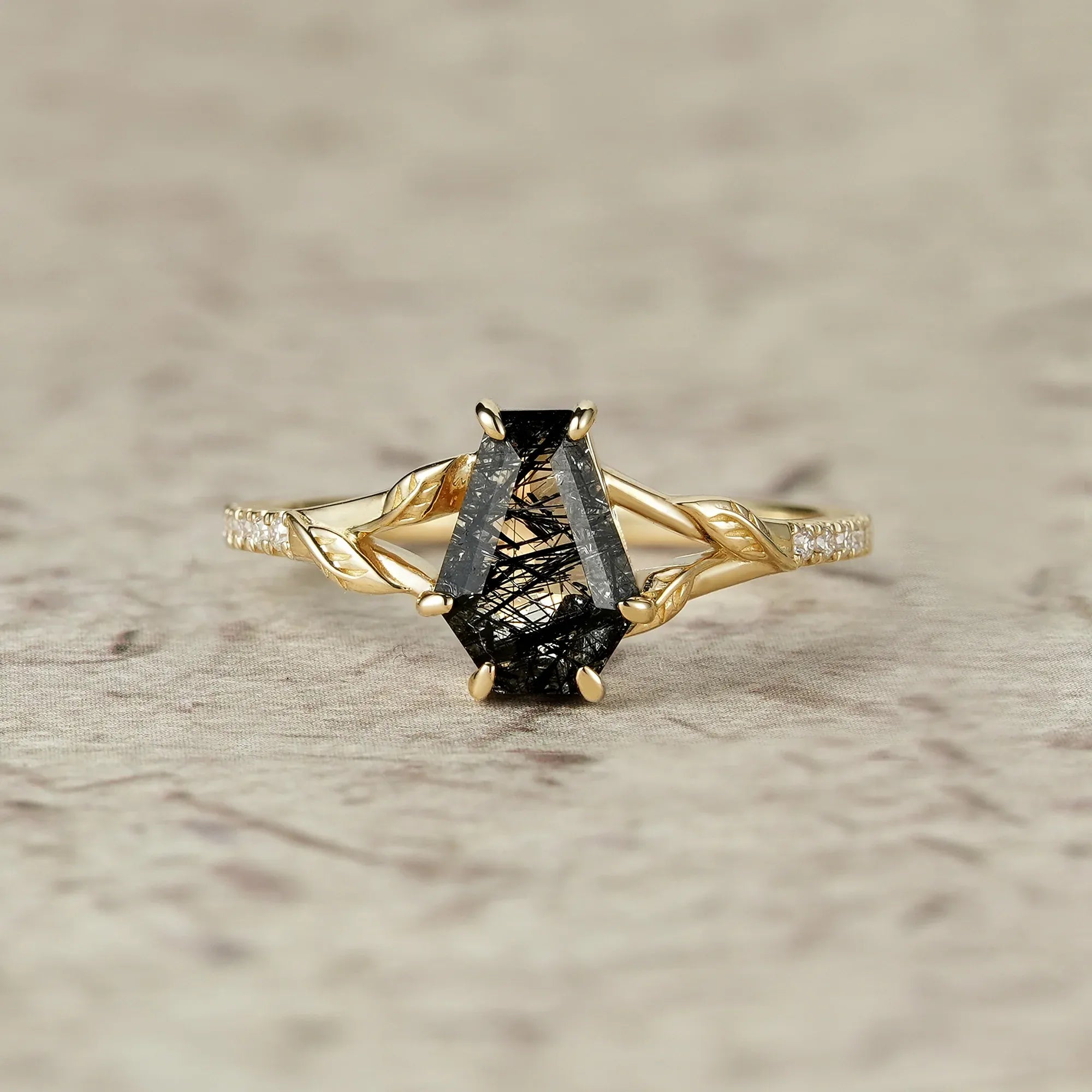 Gothic Leaf Ring: Coffin - Cut Black Rutilated Quartz - Thalassa - GemsMagic