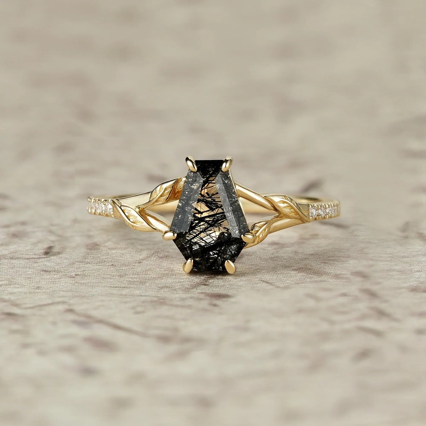 Gothic Leaf Ring: Coffin - Cut Black Rutilated Quartz - Thalassa - GemsMagic