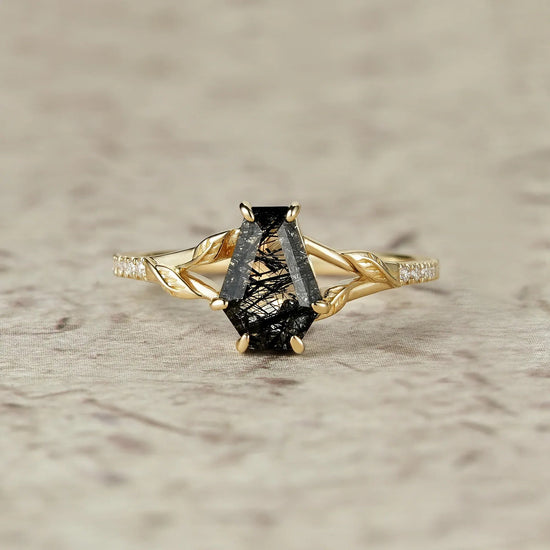 Gothic Leaf Ring: Coffin - Cut Black Rutilated Quartz - Thalassa - GemsMagic