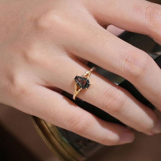 Gothic Leaf Ring: Coffin - Cut Black Rutilated Quartz - Thalassa - GemsMagic