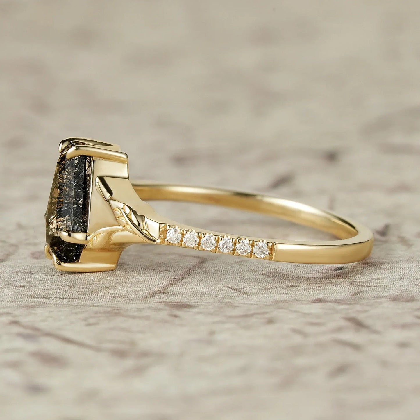 Gothic Leaf Ring: Coffin - Cut Black Rutilated Quartz - Thalassa - GemsMagic