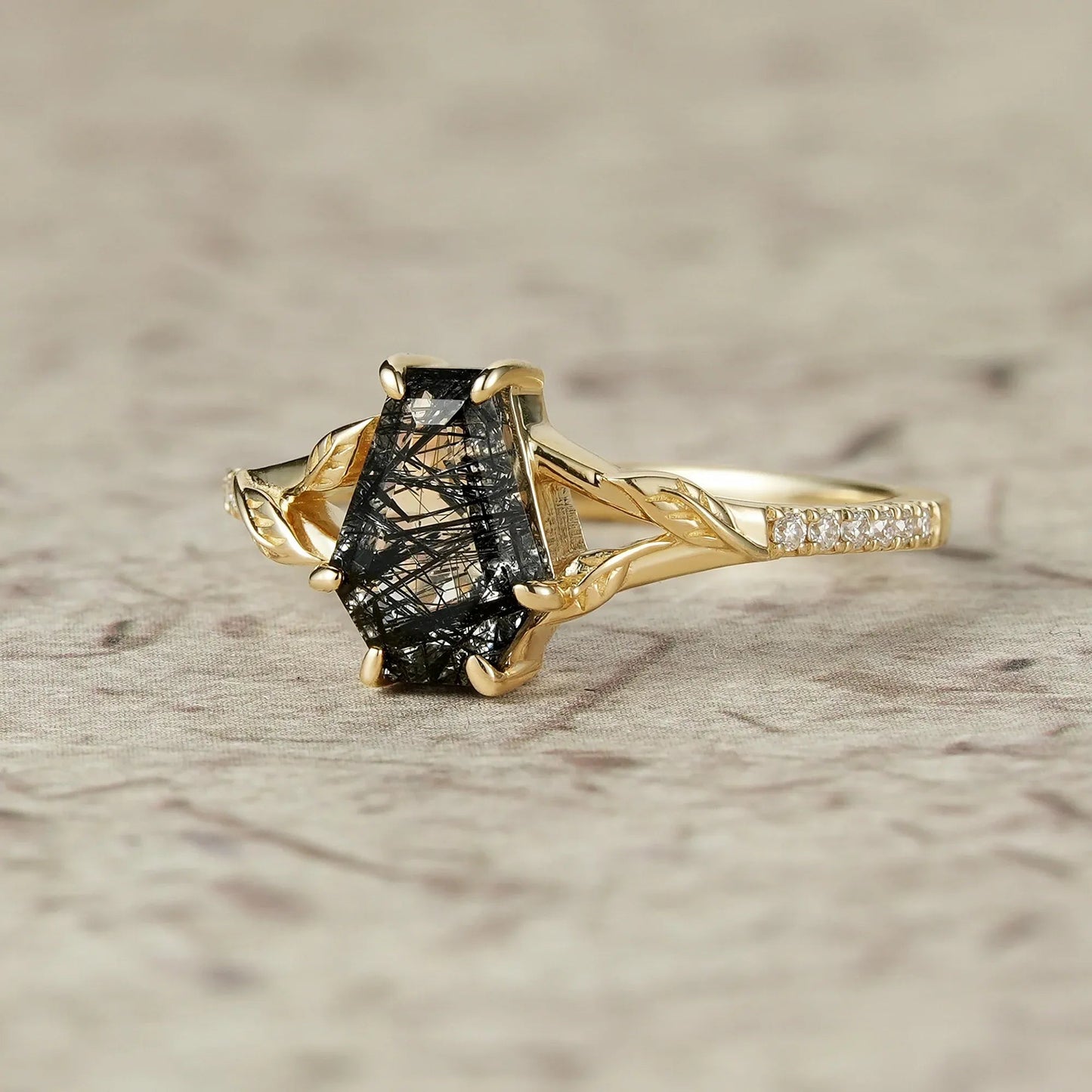 Gothic Leaf Ring: Coffin - Cut Black Rutilated Quartz - Thalassa - GemsMagic