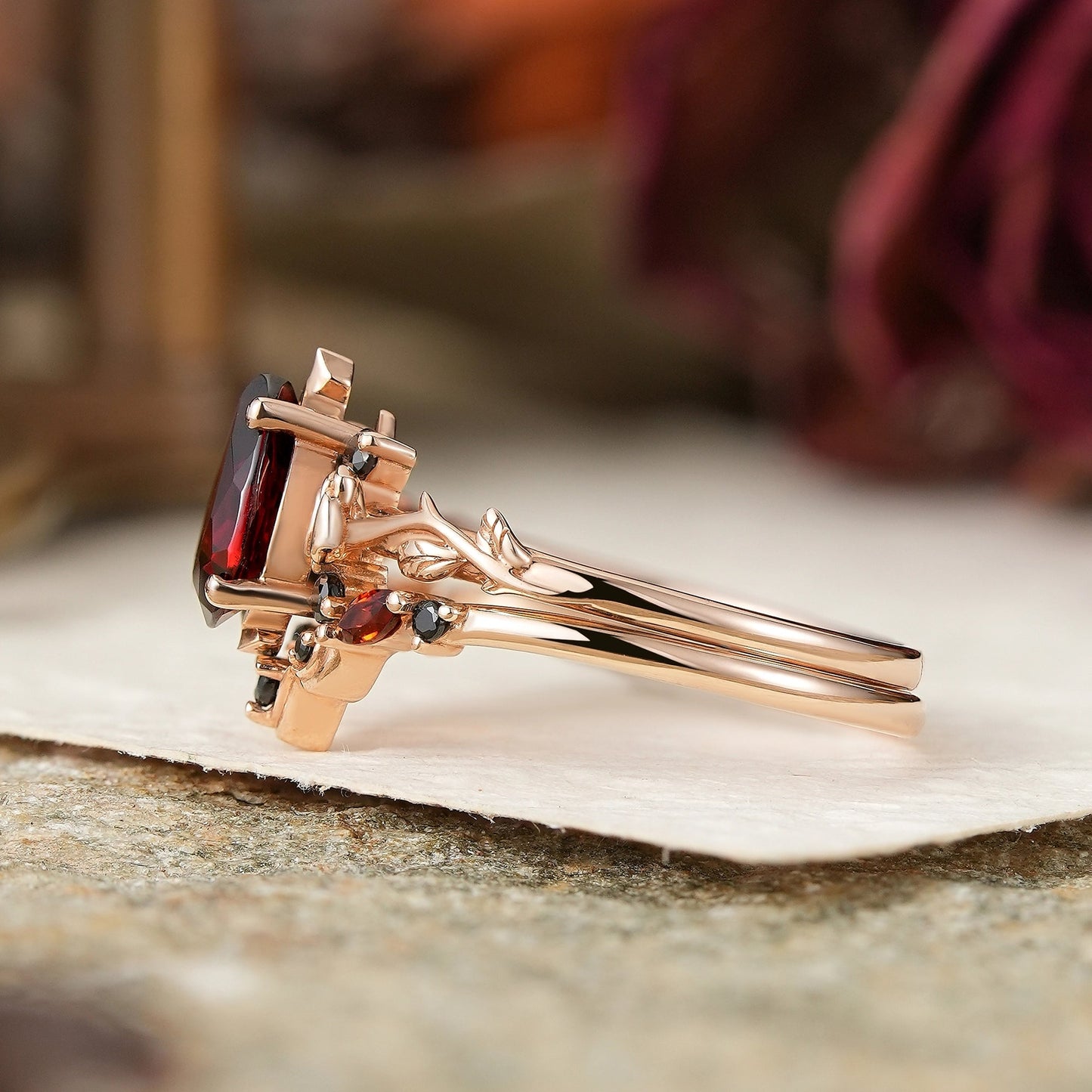 Gothic Pear Cut Garnet And Black Onyx Rose Inspired Bridal Ring Set - Flora - GemsMagic