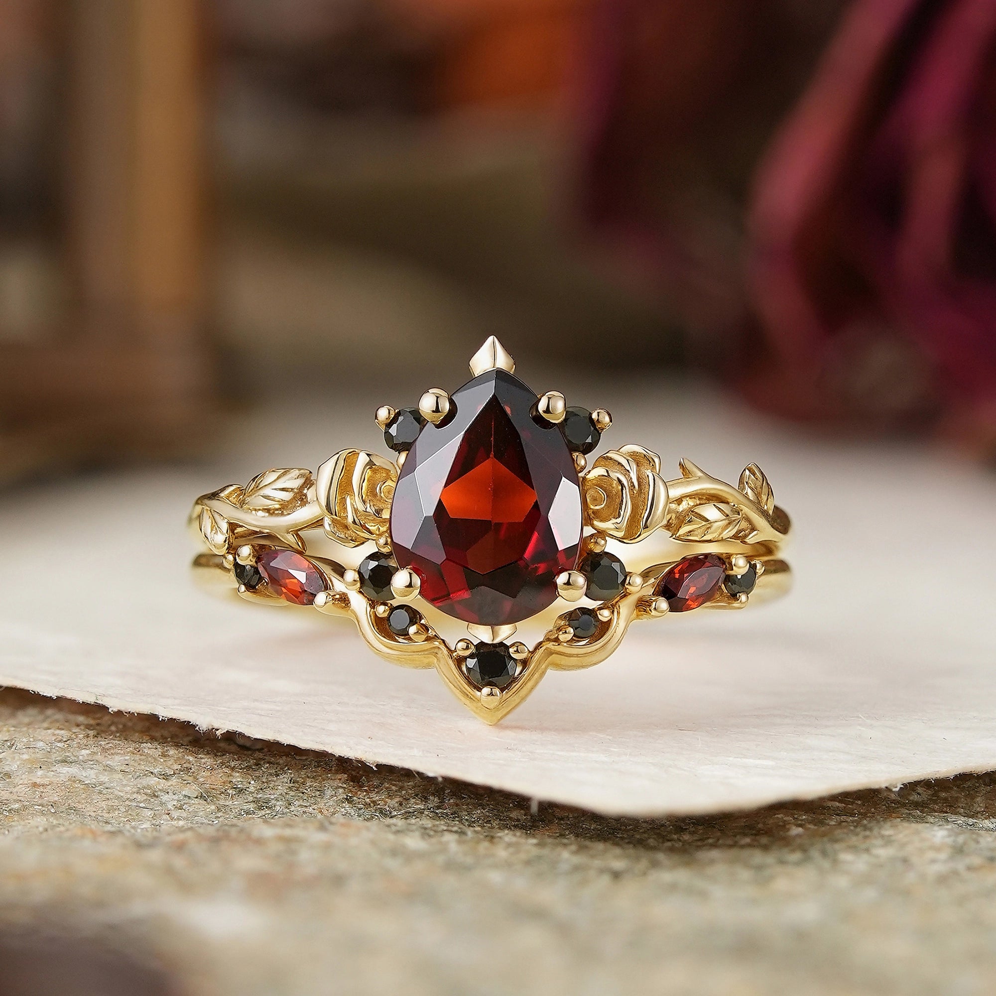 Gothic Pear Cut Garnet And Black Onyx Rose Inspired Bridal Ring Set - Flora - GemsMagic