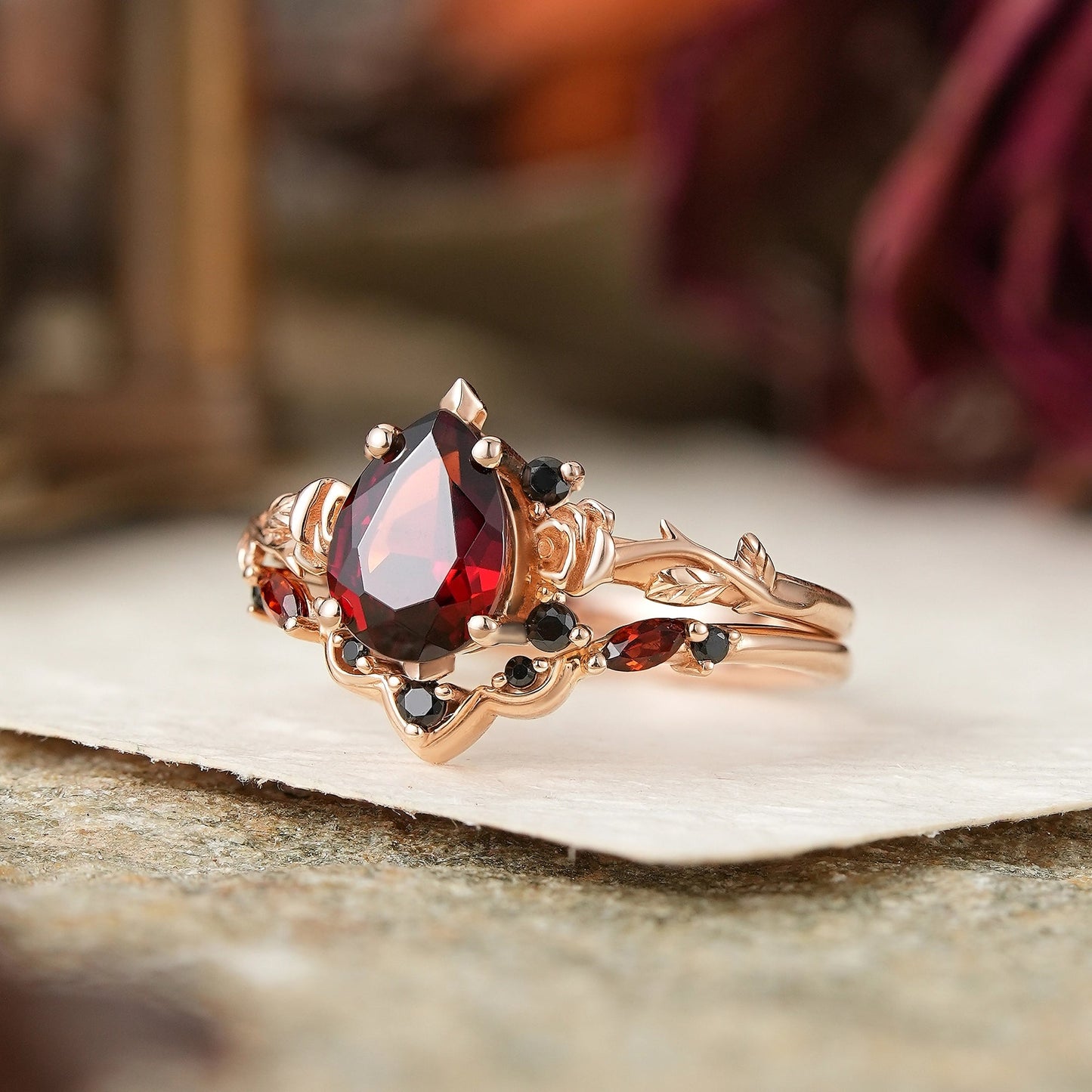 Gothic Pear Cut Garnet And Black Onyx Rose Inspired Bridal Ring Set - Flora - GemsMagic