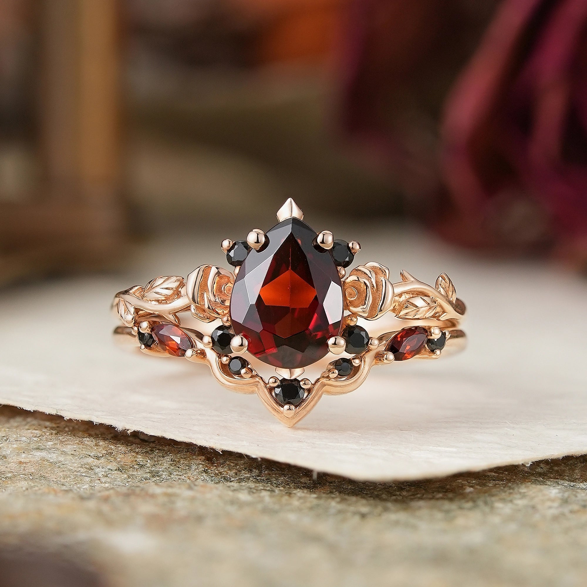 Gothic Pear Cut Garnet And Black Onyx Rose Inspired Bridal Ring Set - Flora - GemsMagic